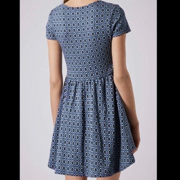 TOPSHOP Fit & Flare Skater Blue Knit Dress with Geometric Tile Print - Picture 3 of 14
